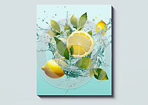 Lemon with water splash or explosion flying in the air on a blue background