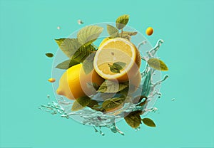 Lemon with water splash or explosion flying in the air on a blue background