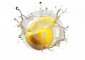 Lemon with water splash or explosion flying in the air on a white background