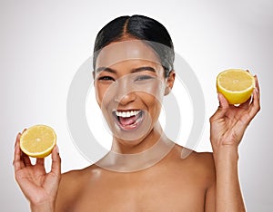 Lemon, wellness and portrait of woman in studio with natural organic and healthy facial treatment. Beauty, skincare and