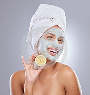 Lemon, woman and face mask for skincare, cosmetic and facial treatment on white background. Beauty, natural or portrait