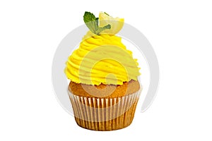 Lemon yellow cupcake with mint on a white background.