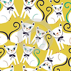 Lemon Yellow with cute white cats seamless pattern background design.