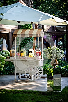 Lemonade bar. Wedding decor table setting and flowers. Wedding Flower Arrangement Table Setting Series