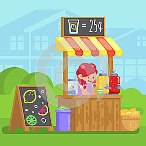 Lemonade booth with happy little cute girl selling young business Vector colorful illustration in flat style image