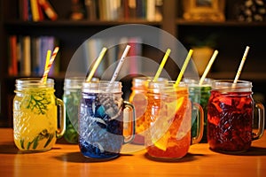 lemonade dispenser with colorful straws and fruit garnishes