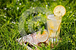 Lemonade in a glass on green grass