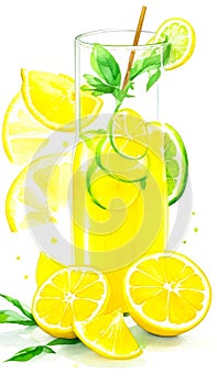 Lemonade in a glass isolated on a white background. Watercolor illustration of lemonade, lemon slices