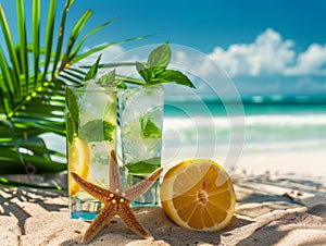 Lemonade Glass and Starfish on Beach