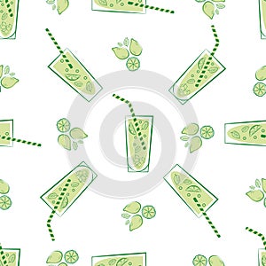 Lemonade glass and straw vector seamless pattern background. Retro green white backdrop with line art style drinks
