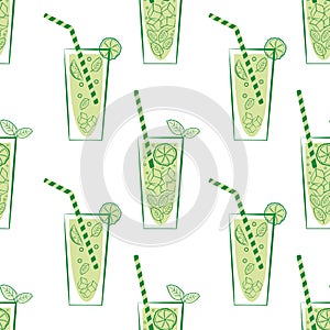 Lemonade glass and straw vector seamless pattern background. Retro green white geometric backdrop with drinks glasses