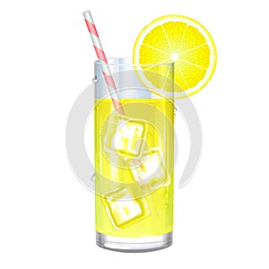Lemonade with ice cubes and lemon on white background. Vector
