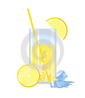 Lemonade with ice cubes and lemon on white background. Vector illustration