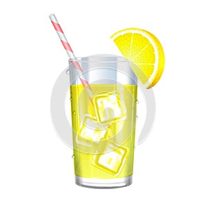 Lemonade with ice cubes and lemon on white background. Vector