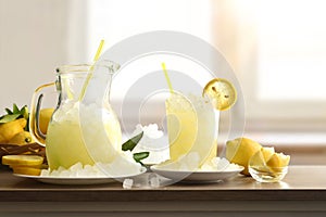 Lemonade with ice on wooden bench with window background