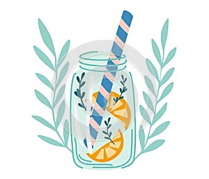 Lemonade in a jar. Refreshing summer drink. Fresh water with lemon slice, mint, For menu, web and graphic design. Vector