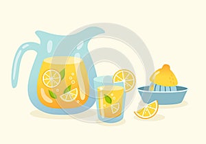 Lemonade jug and glass and juicer in flat style.