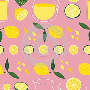 Lemonade jug and glass. Lemon clipart in green and yellow on pink background. Citrus Fruit, Lemon, Lime, Lemon slice