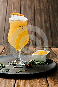 Lemonade or juice. Alcohol drink or cocktail. Images for bar or restaurant menu. Yellow drink with ice