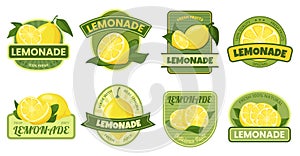 Lemonade label. Fresh and natural lemonades tag with yellow lemon fruit, citrus juice stickers vector set