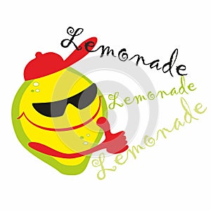 Lemonade. Lettering. Cartoon lemon man invites you to drink a wonderful cool drink.