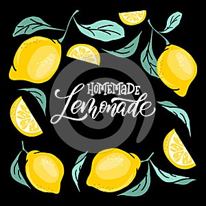 Lemonade lettering with lemon label. Brush calligraphy of word lemonade.