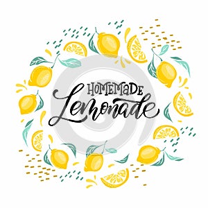 Lemonade lettering with lemon label. Brush calligraphy of word lemonade.