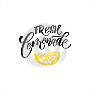 Lemonade lettering with lemon label. Brush calligraphy of word lemonade.