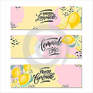 Lemonade lettering with lemon label. Brush calligraphy of word lemonade.