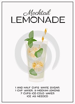Lemonade Mocktail garnished with mint and lemon. Classic nonalcoholic beverage recipe modern wall art print. Summer