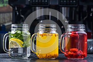 Lemonade or Mojito cocktail with lemon and mint, raspberry, sea buckthorn, grapefruit, cold refreshing drink or drink