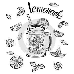 Lemonade mug with ice and a slice of lemon and a straw and mint leaves, lemonade sketch in a glass, hand drawing of a lemonade Cup