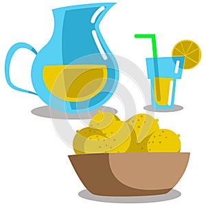 Lemonade pitcher, glass and lemons. Vector set isolated