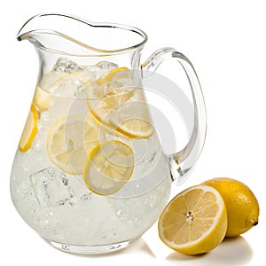 Lemonade Pitcher with Ice and Lemon Slices Isolated on White Background photo