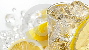 lemonade soda with ice cubes and bubbles on white background . Generative Ai