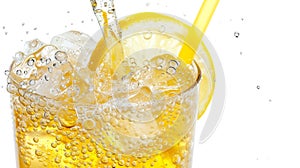 lemonade soda with ice cubes and bubbles on white background . Generative Ai