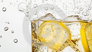 lemonade soda with ice cubes and bubbles on white background . Generative Ai