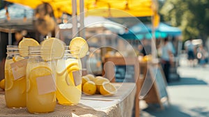 A lemonade stand with handwritten signs, offering lemonade to passersby on a hot day