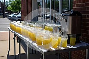 lemonade stand with rows of glasses and pitchers, ready for thirsty customers