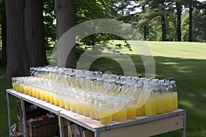 lemonade stand with rows of glasses and pitchers, ready for thirsty customers