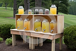 lemonade stand with a variety of flavors and sizes, from small glass bottles to large refillable pitchers