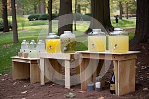 lemonade stand with a variety of flavors and sizes, from small glass bottles to large refillable pitchers