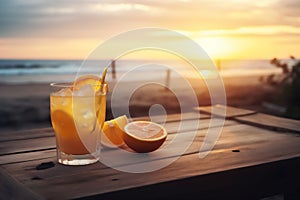 Lemonade summer fruit juice into a tropical beach resort. Generative AI