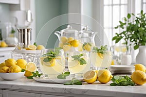 Lemonade. Summer refreshing citrus lemon drink, beverage or cocktail with lemon juice and fresh mint, generative AI