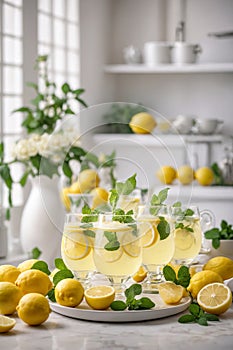 Lemonade. Summer refreshing citrus lemon drink, beverage or cocktail with lemon juice and fresh mint, generative AI