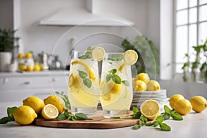 Lemonade. Summer refreshing citrus lemon drink, beverage or cocktail with lemon juice and fresh mint, generative AI