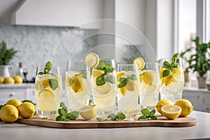 Lemonade. Summer refreshing citrus lemon drink, beverage or cocktail with lemon juice and fresh mint, generative AI