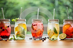 Lemonades on summer spring terrace table with organic fruits on leaf bokeh