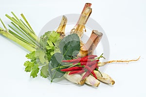 Lemongrass, lime leaves, chilli, lemon, Fresh herbs and spices asian ingredients food isolate on the white background