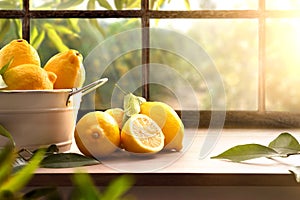 Lemons basket on kitchen with window and orchard outside